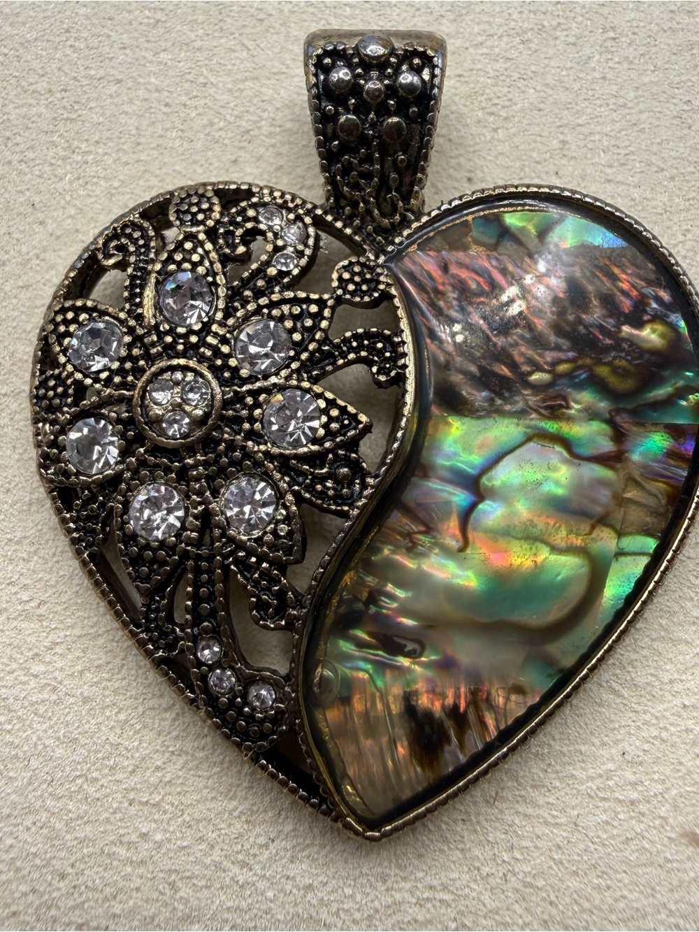 Abalone Shell Rhinestone Filigree Heart Pendant – Large Statement Jewelry